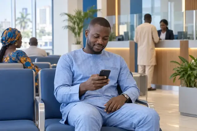 Client consultant son téléphone dans une agence bancaire