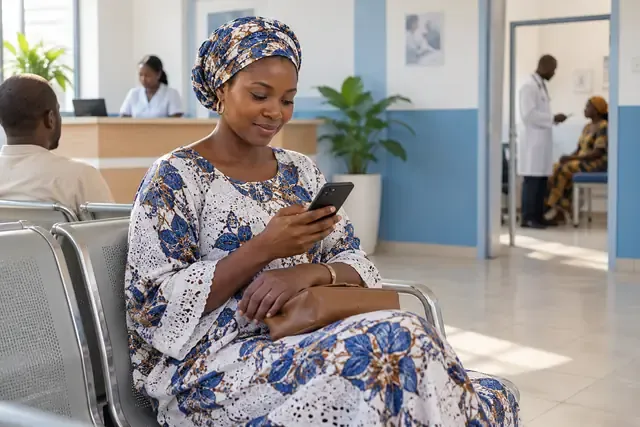 Patiente consultant son téléphone dans une salle d'attente médicale