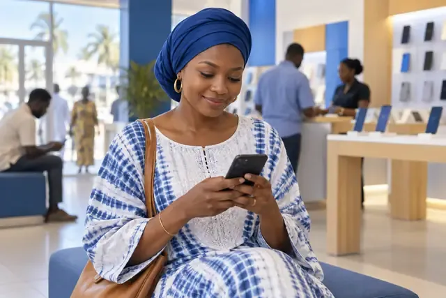 Cliente consultant son téléphone dans une boutique de téléphonie